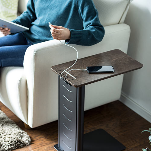 【アウトレット･訳あり・セール】サイドテーブル（デスク・ソファ・ベッド・USB充電器収納・天然木・スチール・ブラック）