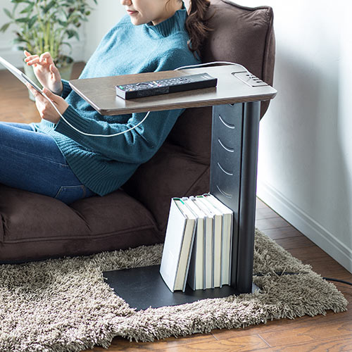 【アウトレット･訳あり・セール】サイドテーブル（デスク・ソファ・ベッド・USB充電器収納・天然木・スチール・ブラック）