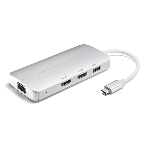 USB Type-Cポート搭載の機器に接続して使用することができ、HDMIポート2つとVGAポートを1つ搭載しており、TVやプロジェクターなどを接続することでパソコンの映像を同時出力することができる。
