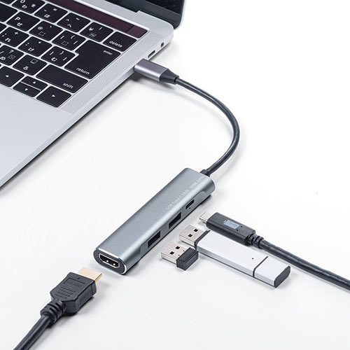 USB Type-Cポートを、USB3.1 Gen1（USB3.0）×1、USB2.0×1、USB PD対応Type-C×1、HDMI出力×1に増設できる、USB Type-Cハブ。USB3.1ポートからのノイズを受けにくい、USB2.0ポートを搭載。USB PD対応で、60WまでのUSB PD対応機器の充電ができる。HDMIポートを搭載した大画面のディスプレイに出力可能。4K/30Hz対応。