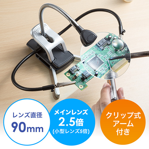 スタンドルーペ（拡大鏡・LEDライト付・2.5倍・5倍・クリップ対応・レンズ径9cm・クリップ付アーム付属）
