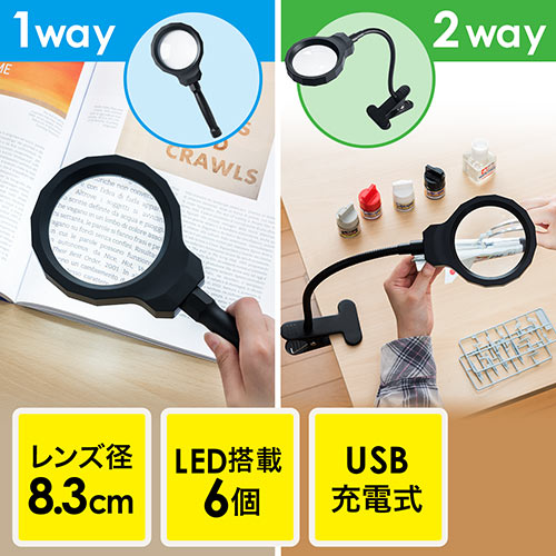 ルーペ(スタンド・拡大鏡・ハンドルーペ・ライト・クリップ・レンズ径8.3cm・充電)