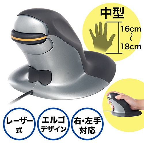エルゴノミクスマウス(レーザーセンサー・ペンギンマウス・右利き・左利き・DPI切り替え・有線・中型)