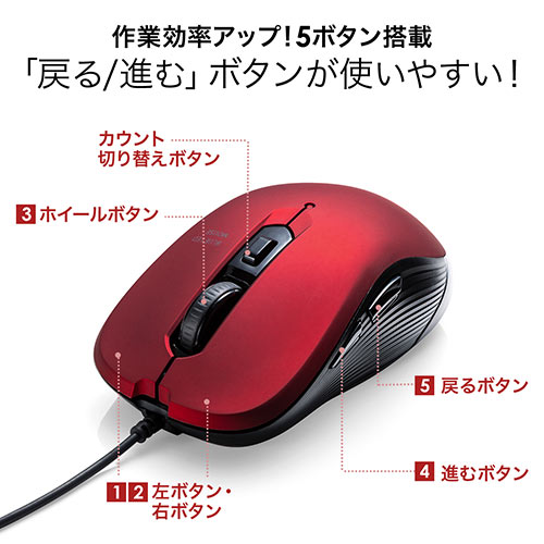 有線マウス ケーブル接続 ブルーled 5ボタン Dpi切替 ラバー塗装 左右対称 中型 レッド 通販ならイーサプライ