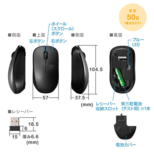 ワイヤレスマウス 無線 2 4g ブルーled 3ボタン 左右対称 電池式 中型 ブラック 通販ならイーサプライ