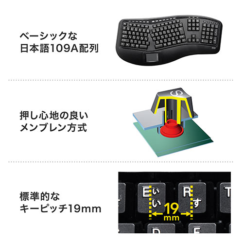 エルゴノミクスキーボード 人間工学キーボード エルゴキーボード ワイヤレス タッチパッド メンブレン フルキーボード Ez4 Skb063 激安通販のイーサプライ
