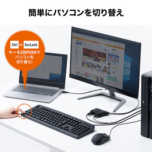 Kvmスイッチ 2台切替 Kvm切替器 パソコン切替器 Usbキーボード Usbマウス用 キーボードエミュレーション機能 チルトホイールマウス対応 専用ドライバー不要 電源不要 Ez4 Sw032 激安通販のイーサプライ