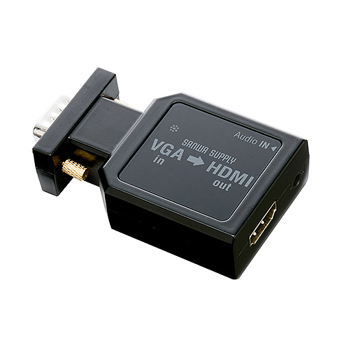 VGAアナログ信号をHDMI信号に変換できるコンバータ。ミニD-sub15ピン出力をもつパソコンからHDMI出力をもつテレビ、ディスプレイ等に出力可能。音声出力対応。