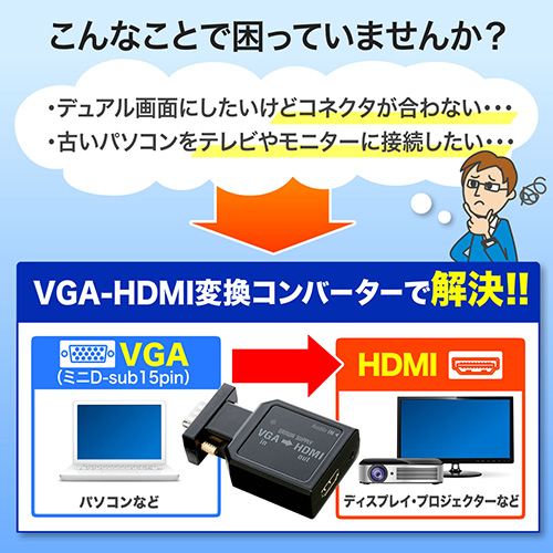 Vga Hdmi変換アダプタ ミニd Sub15ピン Hdmi変換 音声出力対応 ステレオミニケーブル付 Ez4 Vga008 激安通販のイーサプライ