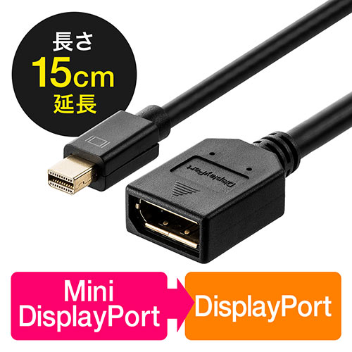 ThunderboltやMini DisplayPortをDisplayPort メスに変換できる、4K/60Hz対応の変換ケーブル。手持ちのディスプレイポートケーブルを接続し、延長可能。