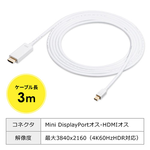 Mini Displayport Hdmi変換ケーブル 4k 60hz対応 Hdr対応 3m