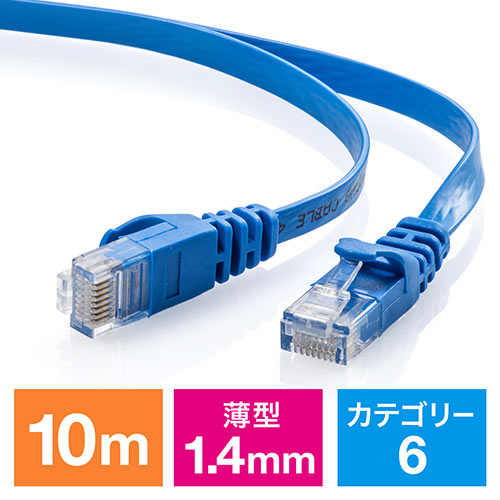 Cat6 フラットLANケーブル 10m (カテゴリー6・より線・ストレート・ブルー)