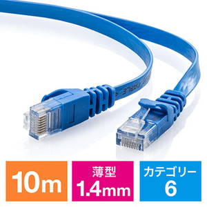 Cat6 フラットLANケーブル 10m (カテゴリー6・より線・ストレート・ブルー)