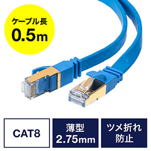 LANケーブル(カテ8・カテゴリー8・CAT8・40Gbps・2000MHz・フラット・エイリアンクロストーク・50cm)