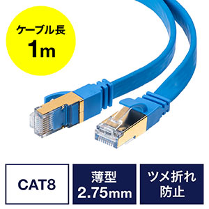 LANケーブル(カテ8・カテゴリー8・CAT8・40Gbps・2000MHz・フラット・エイリアンクロストーク・1m)