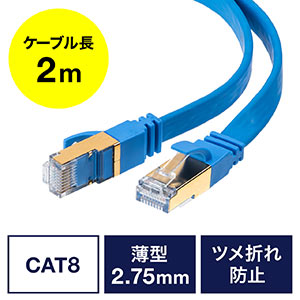 LANケーブル(カテ8・カテゴリー8・CAT8・40Gbps・2000MHz・フラット・エイリアンクロストーク・2m)
