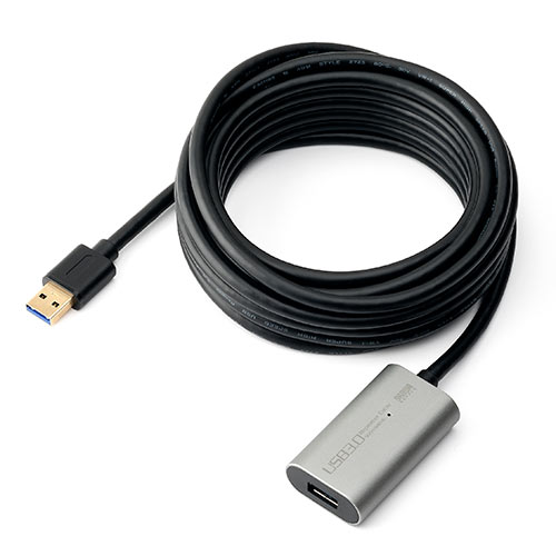 USB3.0信号を5m延長できる、USBリピーターケーブル。規格上限である3mを超えて延長でき、連結すれば最大17mの延長が可能。内部にリピーター機能を持つICを内蔵し、ノイズを遮断する3重シールド設計のUSB延長ケーブル。