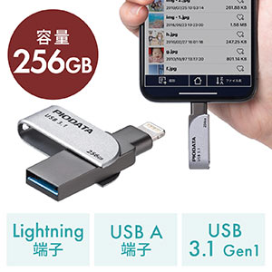 iPhone・iPad USBメモリ 256GB(USB3.2 Gen1(USB3.1/3.0)・Lightning対応・MFi認証・スイング式)