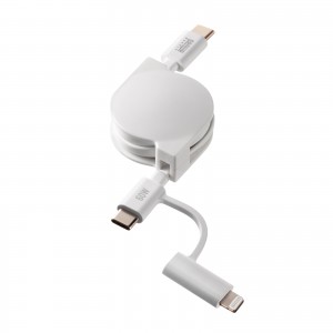 2in1 USBケーブル（巻き取り式・80cm・Lightning・Type-Cコネクタ・MFi認証品・ホワイト・充電ケーブル PD対応 iPhone・タブレット・スマートフォン対応）