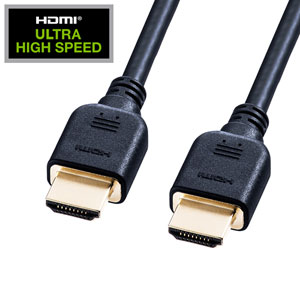 8K放送での機器間の接続に使用できる8K対応HDMIケーブル。伝送速度48Gbpsに対応しウルトラハイスピードHDMIケーブル認証予定品。
