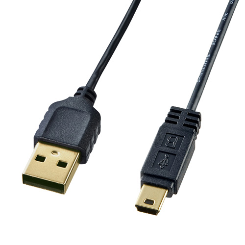 【サンワサプライ】取り回しがしやすい、極細USBケーブル(USB2.0 A-ミニBタイプ、0.5m・ブラック) KU-SLAMB505BK