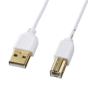取り回しがしやすい極細USBケーブル。極細USBケーブル(USB2.0 A-Bタイプ、2m・ホワイト) KU20-SL20W サンワサプライ