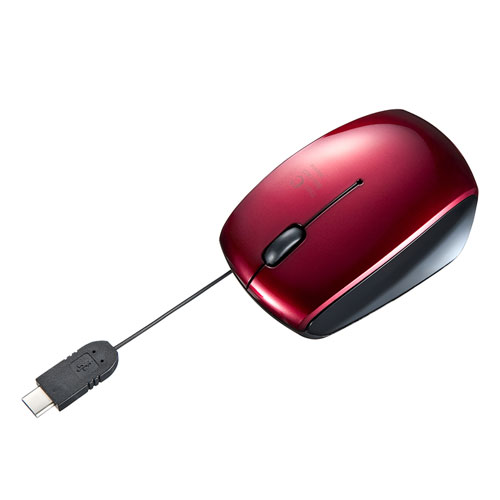 ブルーLEDマウス(USB Type-C・巻き取り・有線・レッド)