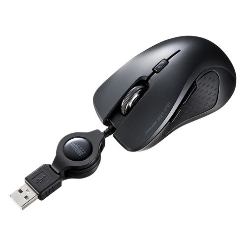 ブルーLEDマウス(有線・ケーブル巻取り・5ボタン・ブラック・エルゴノミクス・Windows・Mac) MA-BLMA9BK サンワサプライ