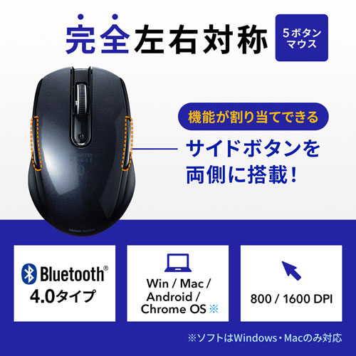 Bluetoothマウス 無線 Bluetooth4 0 ブルーled 5ボタン Dpi切替 左右対称 電池式 小型 ボタン割付対応 Ipados対応 Ios14対応 ブラック サンワサプライ 通販ならイーサプライ