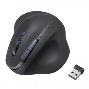 静音ワイヤレスマウス（エルゴノミクス・2.4GHzワイヤレス・USB A・ブルーLED・5ボタン・単三電池）MA-EWBS513BK