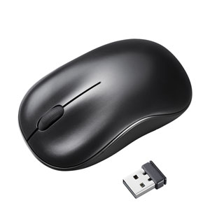 ワイヤレスブルーLEDマウス（左右対称・スタンダードタイプ・2.4GHzワイヤレス・単三乾電池・3ボタン・ブラック）