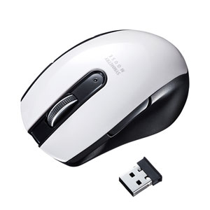 ワイヤレスマウス(無線・2.4G・ブルーLED・5ボタン・DPI切替・左右対称・電池式・小型・ボタン割付対応・ホワイト・サンワサプライ)