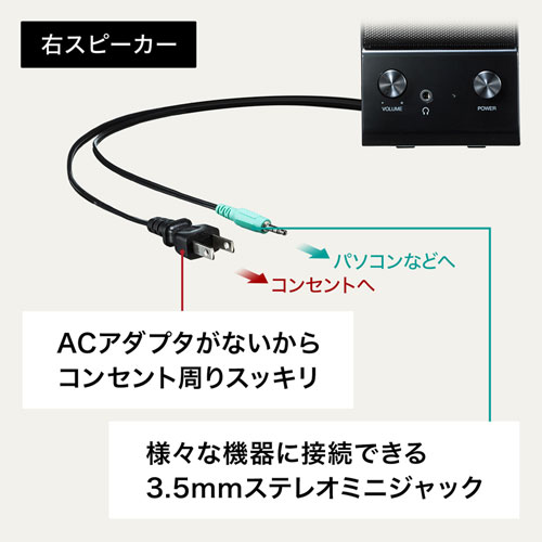 スピーカー 2ch アンプ内蔵 最大出力10w ヘッドホン端子 ケーブル延長可 ブラック Mm Spl14bk 激安通販のイーサプライ