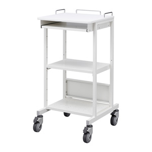 工場・物流・店舗・病院での立ち作業に最適な移動式機器設置ラックカート。