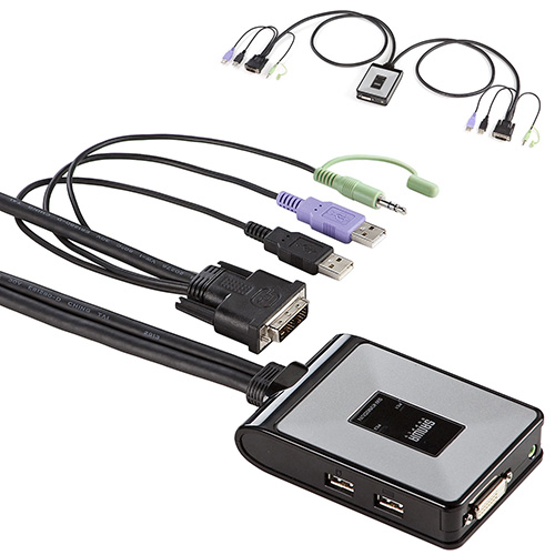 パソコン切替器(フルHD・WUXGAにも対応・DVI・USB接続・自動・2:1・エミュレーション機能・ケーブル一体型・コンパクト) SW-KVM2DUN サンワサプライ