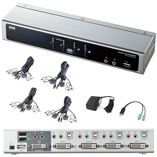 パソコン自動切替器(デュアルリンクDVIにも対応・4:1・PS/2・USB接続・USB2.0ハブ・エミュレーション機能) SW-KVM4HDCN サンワサプライ
