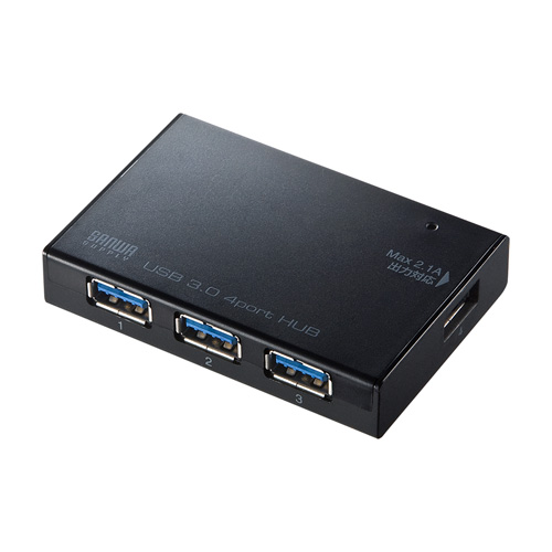 最大2.1A出力ポート搭載USB3.0 4ポートハブ(ブラック)